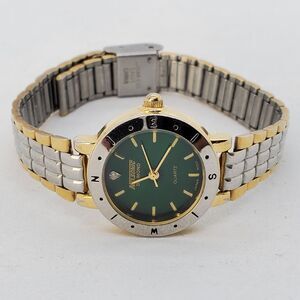 Nelsonic Diamond Women's Watch‎ 25MM Green Dial Two Tone Bands 7.5" New Battery